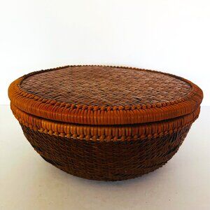 Woven Rattan Round 10.25" D Wicker Basket Round Brown with Flat Top Lid Boho